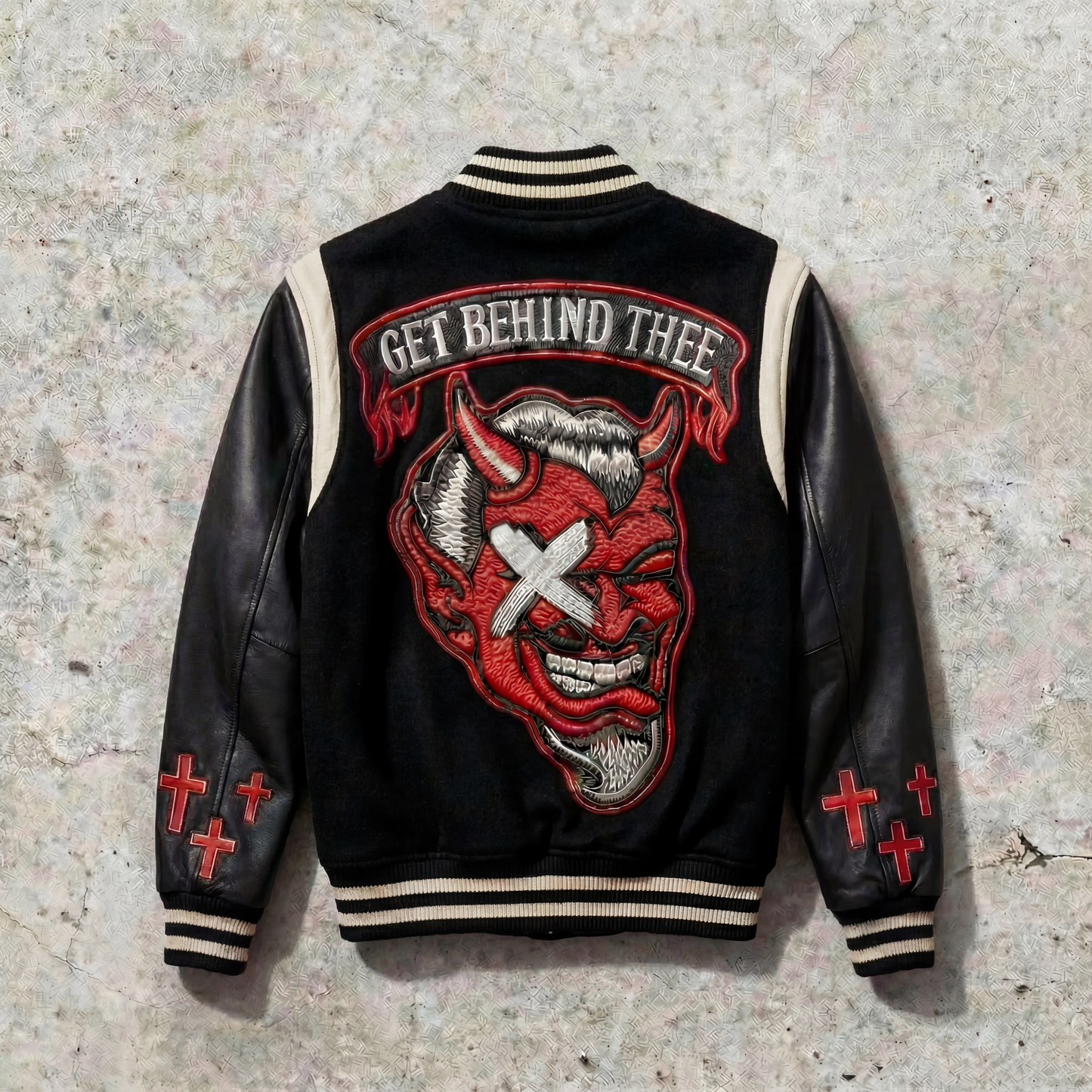Black leather jacket with red and white graphic design on a textured surface