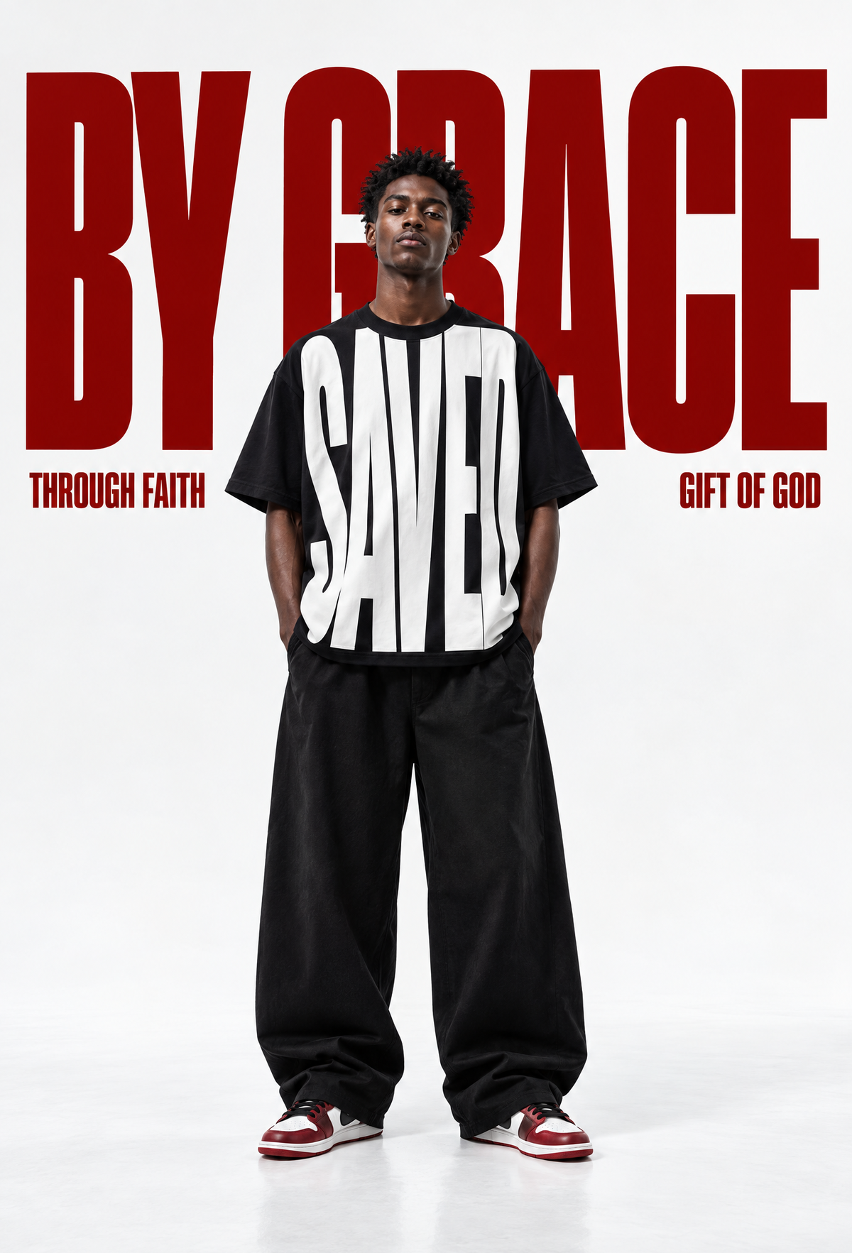 A man stands against a white studio background wearing a black graphic T-shirt with large white block letters spelling 'SAVED' and oversized black pants. Large red text at the top reads 'BY GRACE' with smaller red phrases 'THROUGH FAITH' and 'GIFT OF GOD' below.
