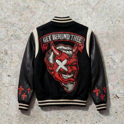 Black leather jacket with red and white graphic design on a textured surface