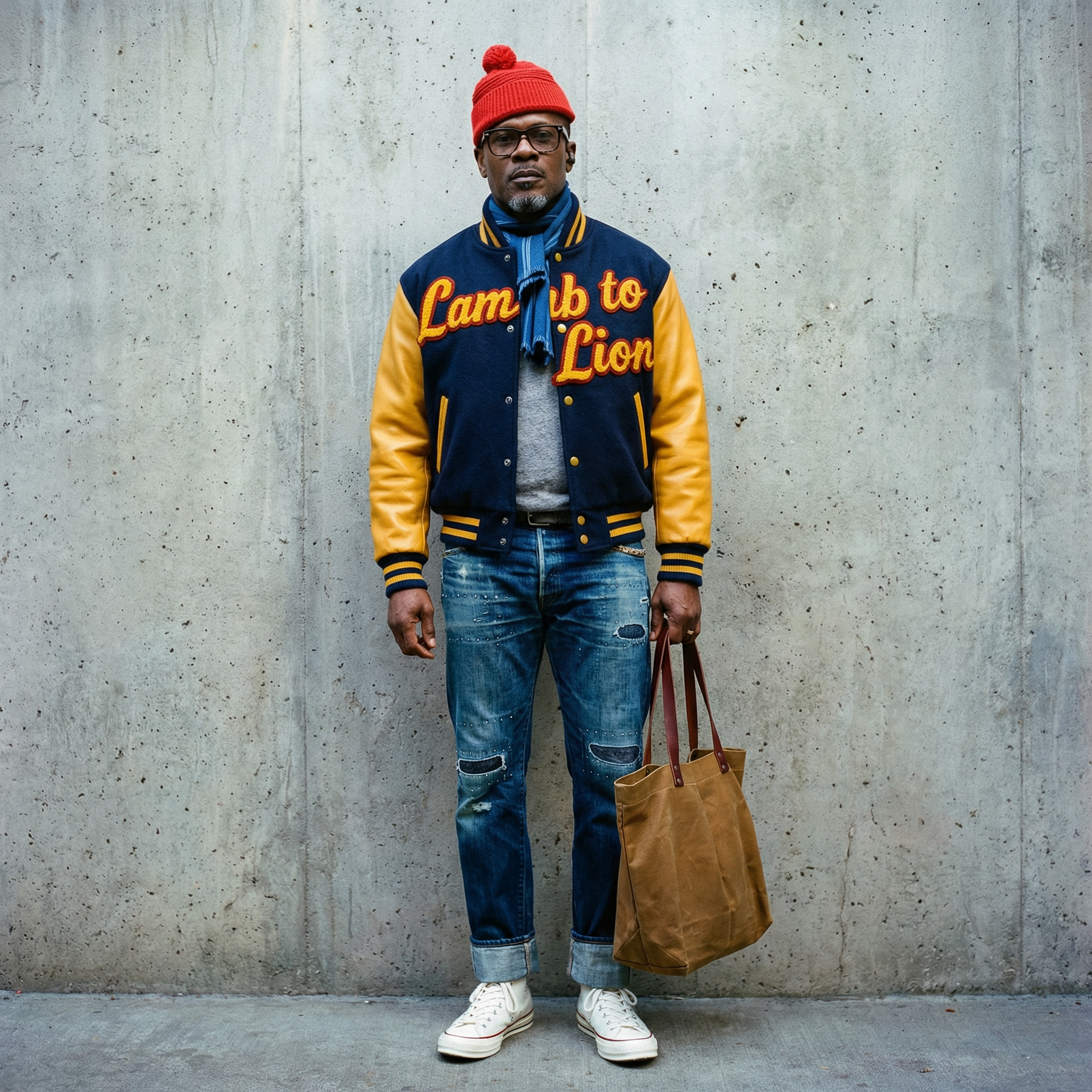 Man wearing a 'Lamb to Lion' jacket against a concrete wall