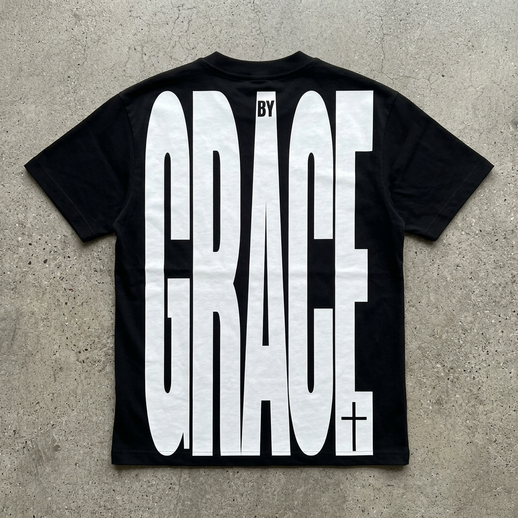 Black t-shirt with 'BY GRACE' text on a concrete surface